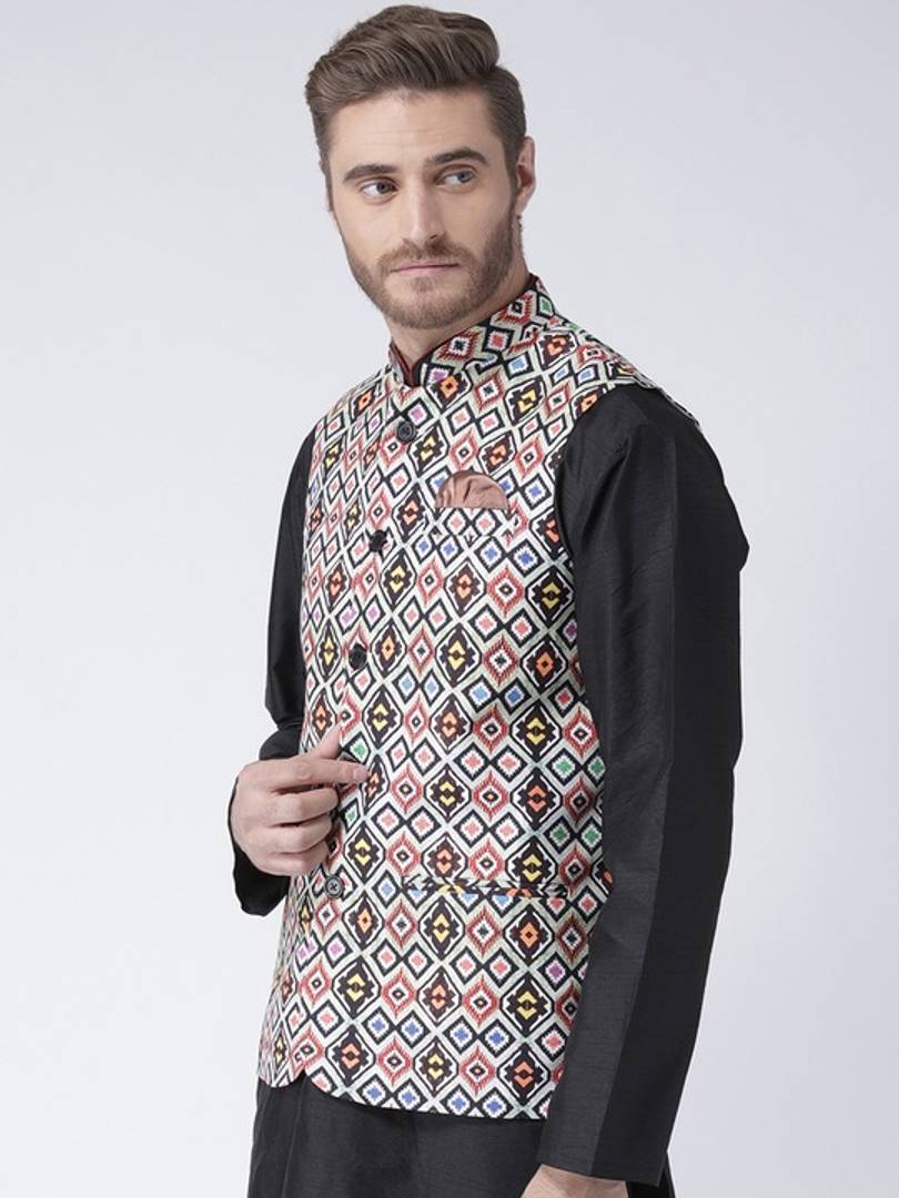 Men's Multicoloured 
Cotton Blend
 Printed Nehru Jackets